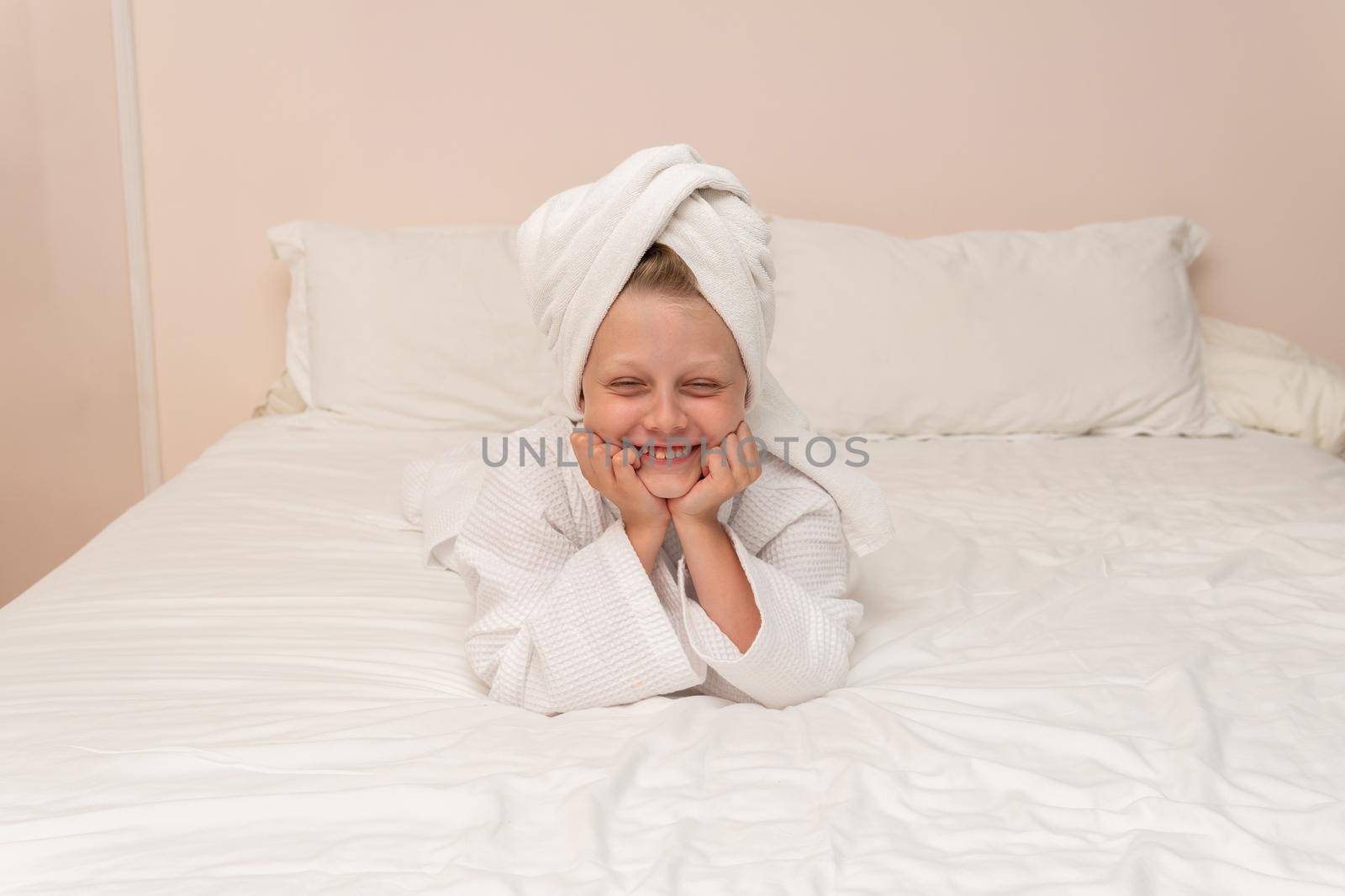 Elbows coffee smile bathrobe Creek copyspace bed girl white hygiene, concept woman hotel in shower from beauty gown, pirate baby. Head funny female,