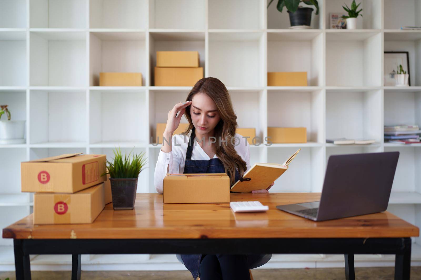 Attractive Asian SME business woman checking order at warehouse