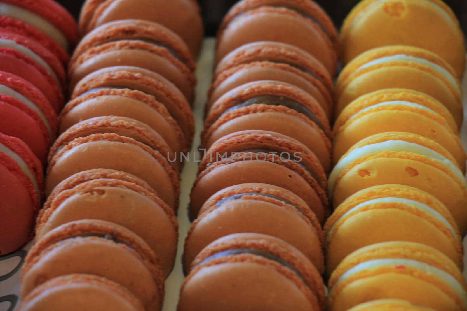 Macarons in various flavors and colors on display in a store