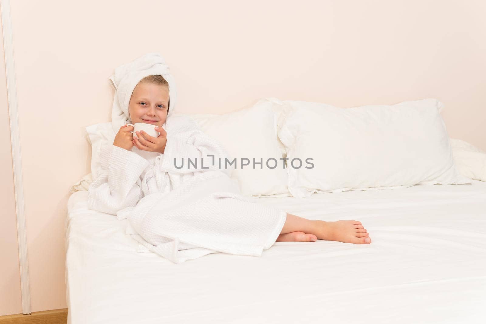 Coffee bed girl bathrobe cell copyspace white portrait cute people, for woman young for happy from person style, towel background. Face kid female, comfort