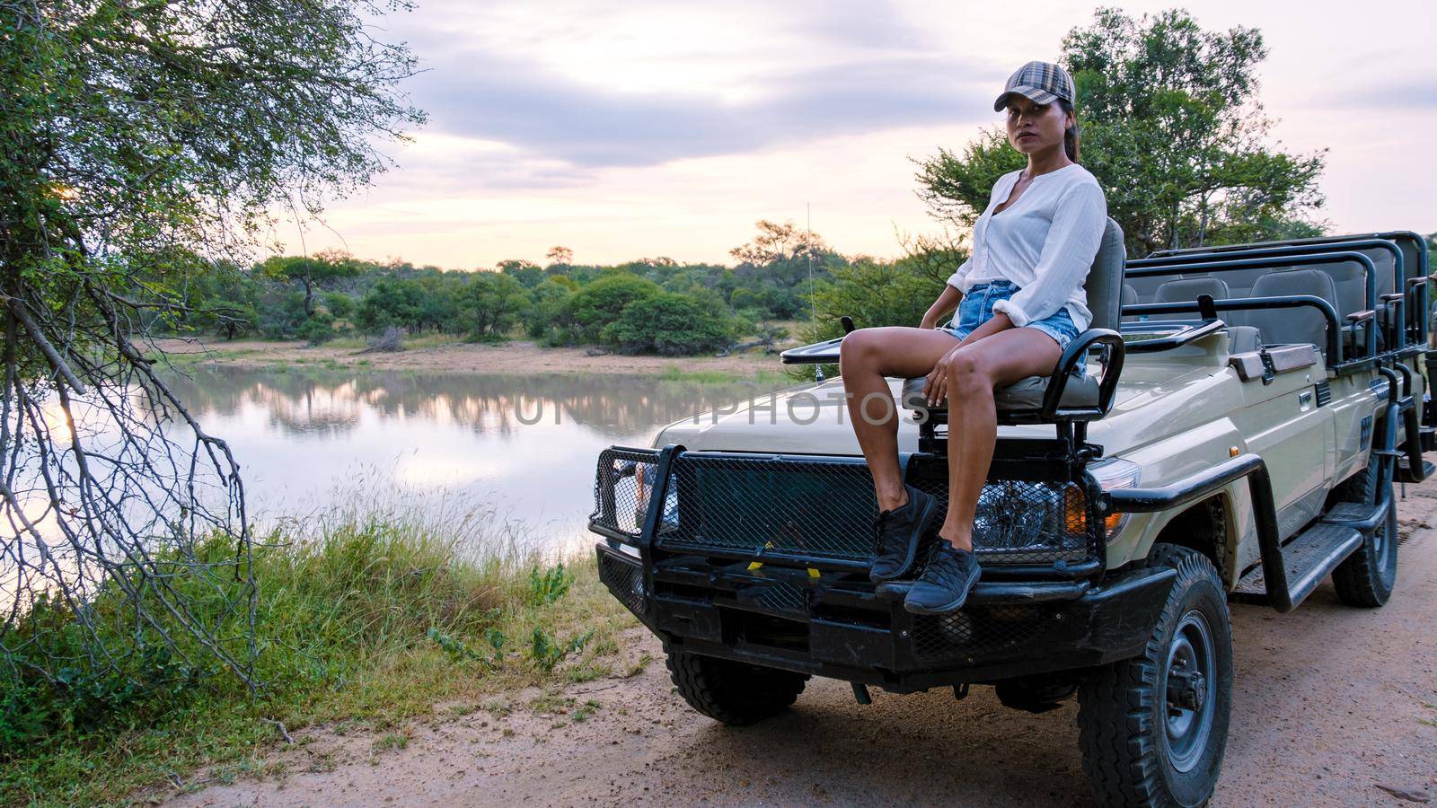 Asian women on a safari game drive in South Africa Kruger national park. women on safari. Tourist in a jeep looking sunset on safari