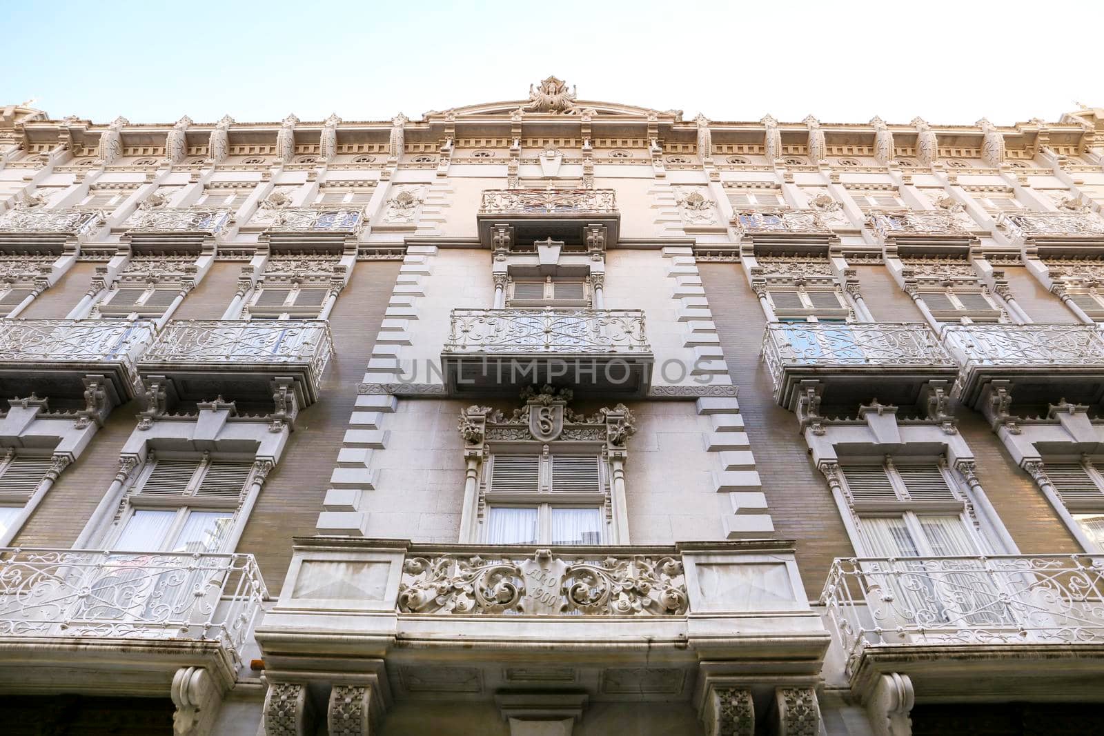 Cartagena, Murcia, Spain- July 17, 2022: Beautiful Modernist House facade in the center of town in Cartagena city
