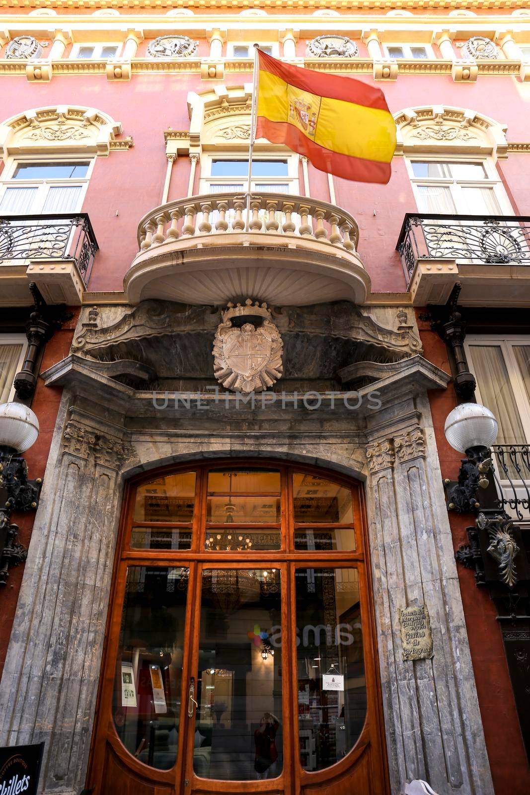 Cartagena, Murcia, Spain- July 17, 2022: Emblematic and impressive building of Casino de Cartagena 18th century and modernist style