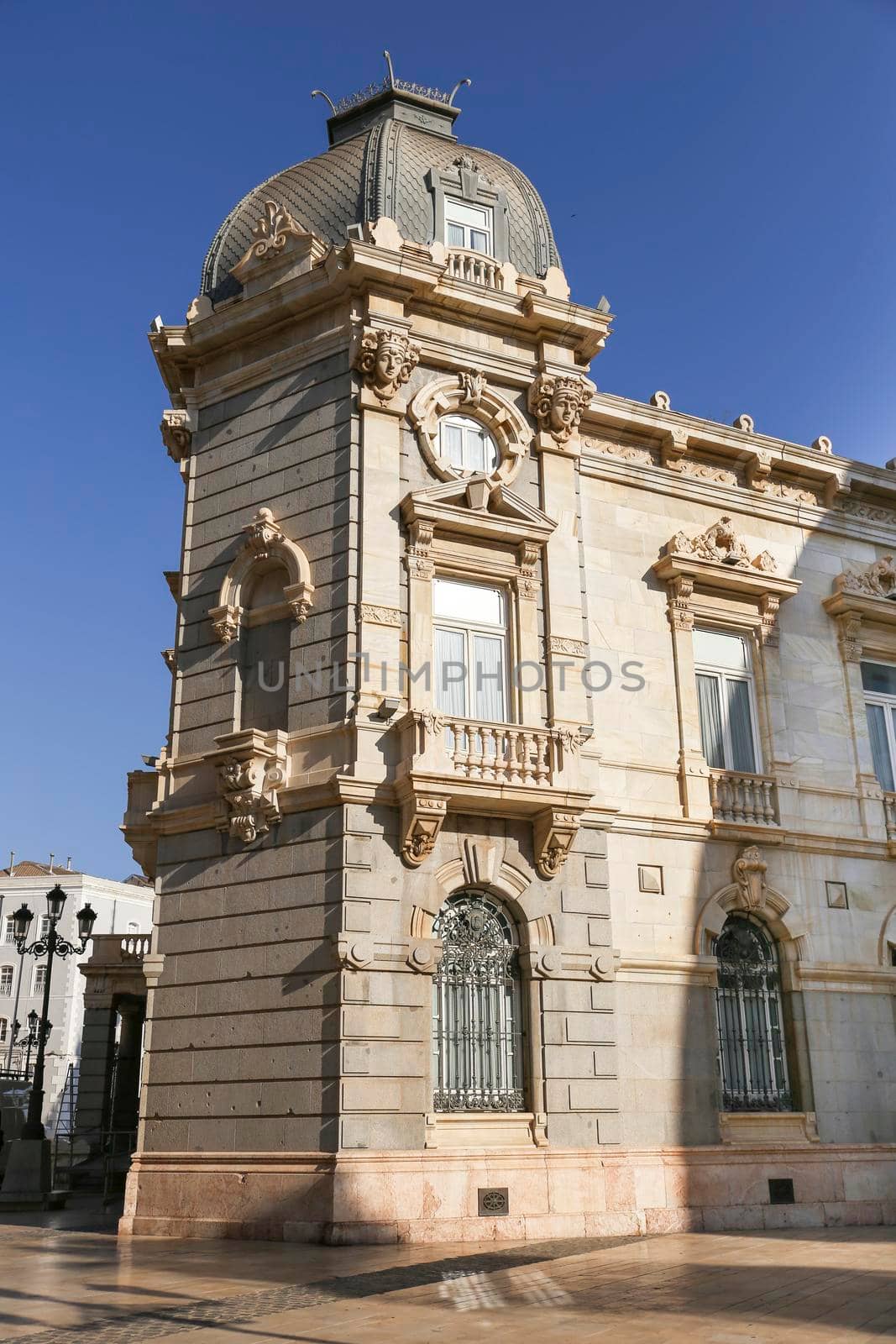 Cartagena, Murcia, Spain- July 17, 2022: Beautiful and colossal town hall of Cartagena city on a sunny day of summer