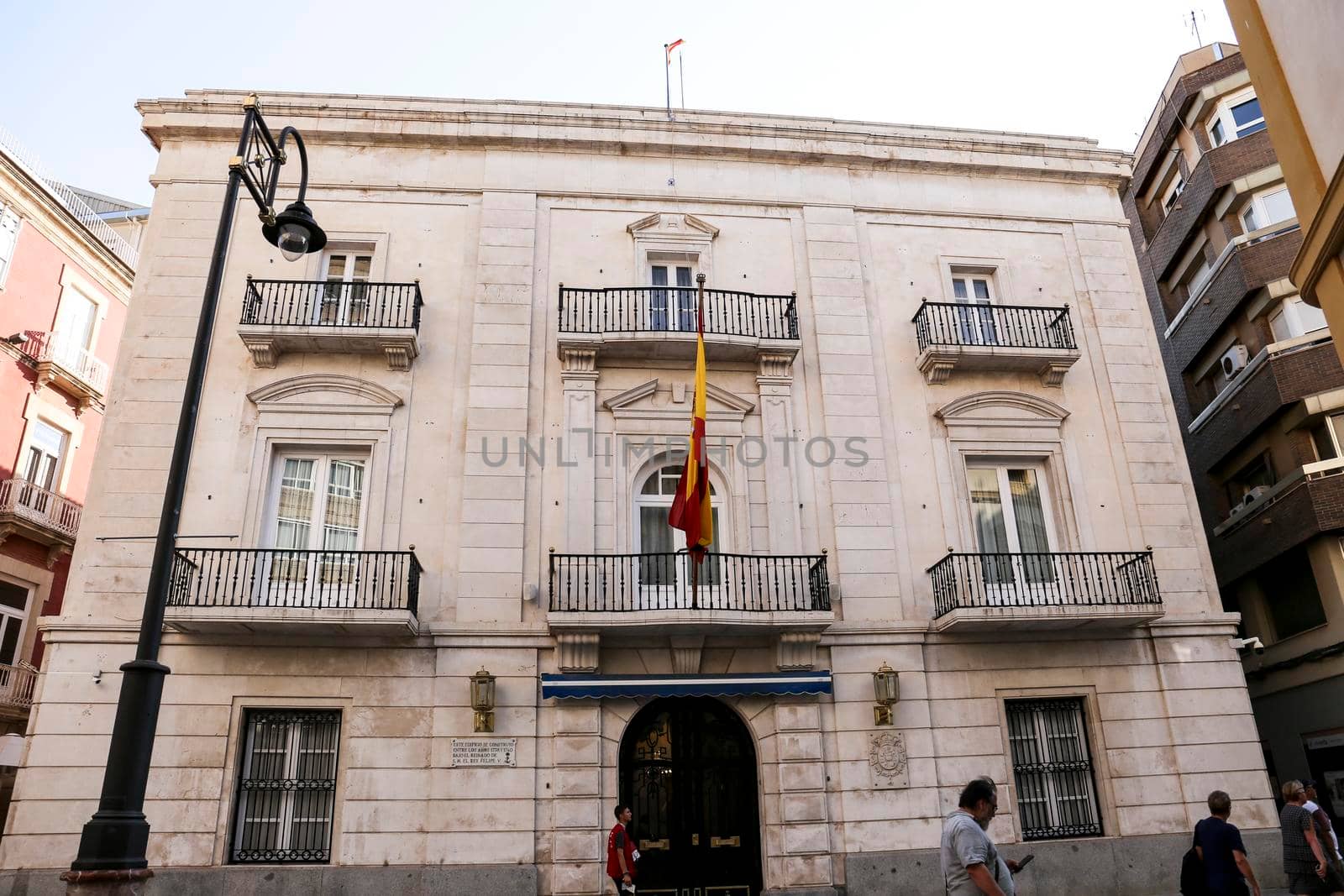 Cartagena, Murcia, Spain- July 18, 2022: Beautiful Naval Headquarters Palace facade in Cartagena