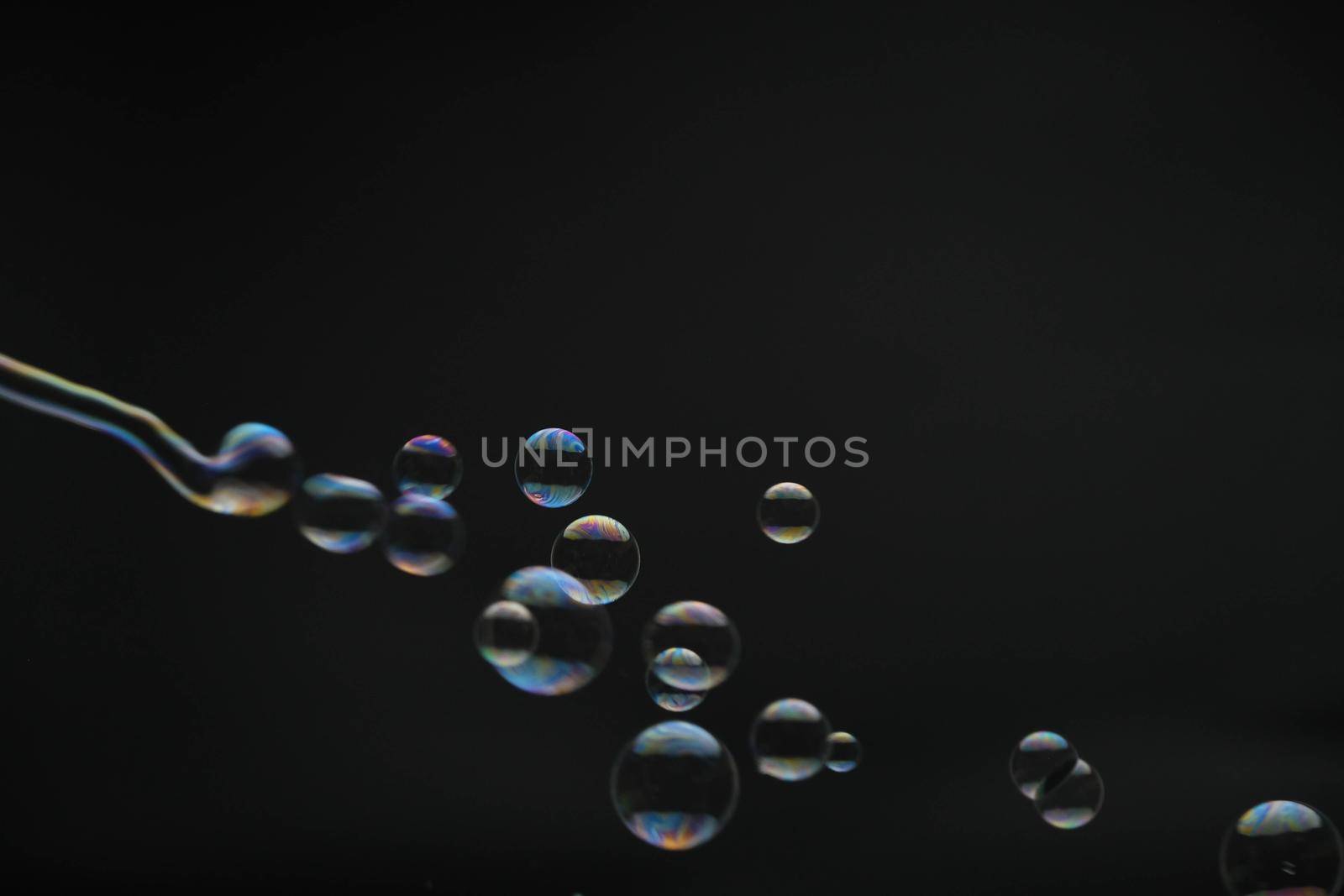 Flying soap bubbles on black background. Abstract soap bubbles with colorful reflections. Soap bubbles in motion background.