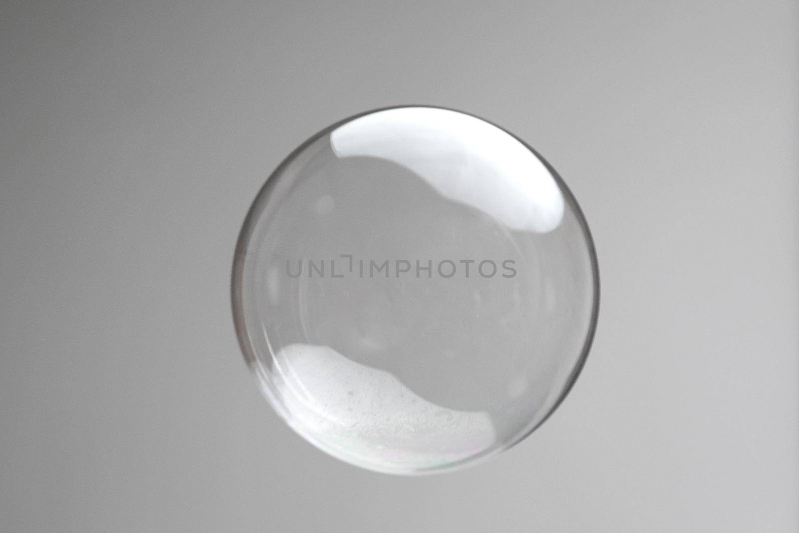 Flying soap bubbles on grey background. Abstract soap bubbles with reflections. Soap bubbles in motion background.