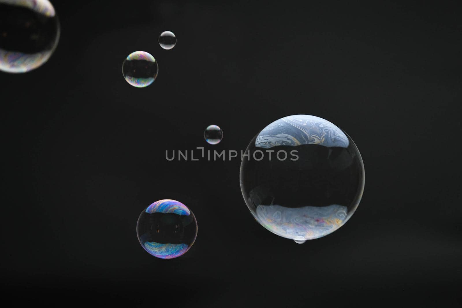 Flying soap bubbles on black background. Abstract soap bubbles with colorful reflections. Soap bubbles in motion background.