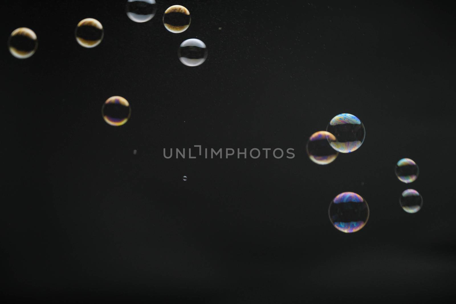 Flying soap bubbles on black background. Abstract soap bubbles with colorful reflections. Soap bubbles in motion background. by TEERASAK