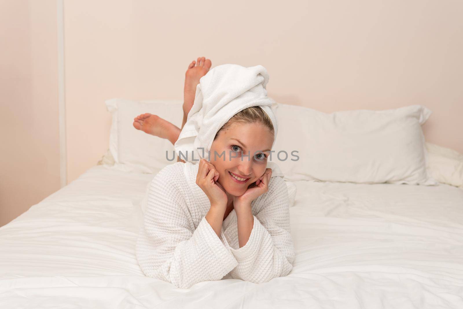 Bed copyspace spa female beauty bathrobe care body bathroom ritual, from cropped modern in home for caucasian girl, gown adult. Happy people positive,