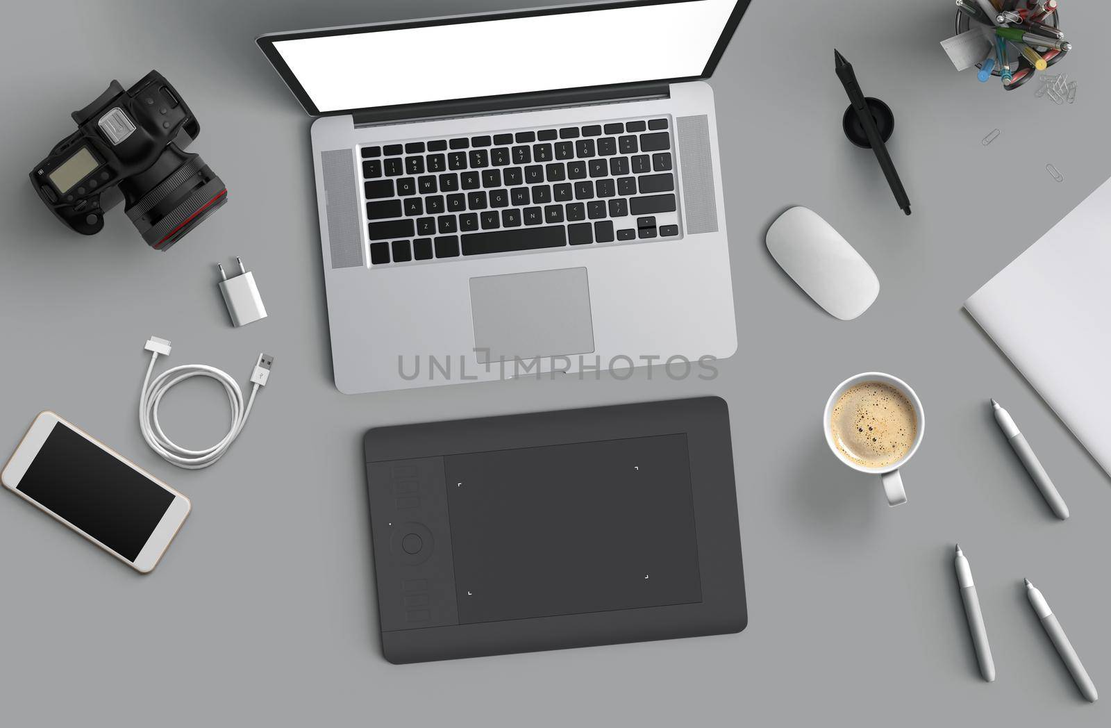 Minimal work space : Laptop, camera, coffee, camera, pen, pencil, notebook, smartphone stationery on gray background for copy space Flat lay top view