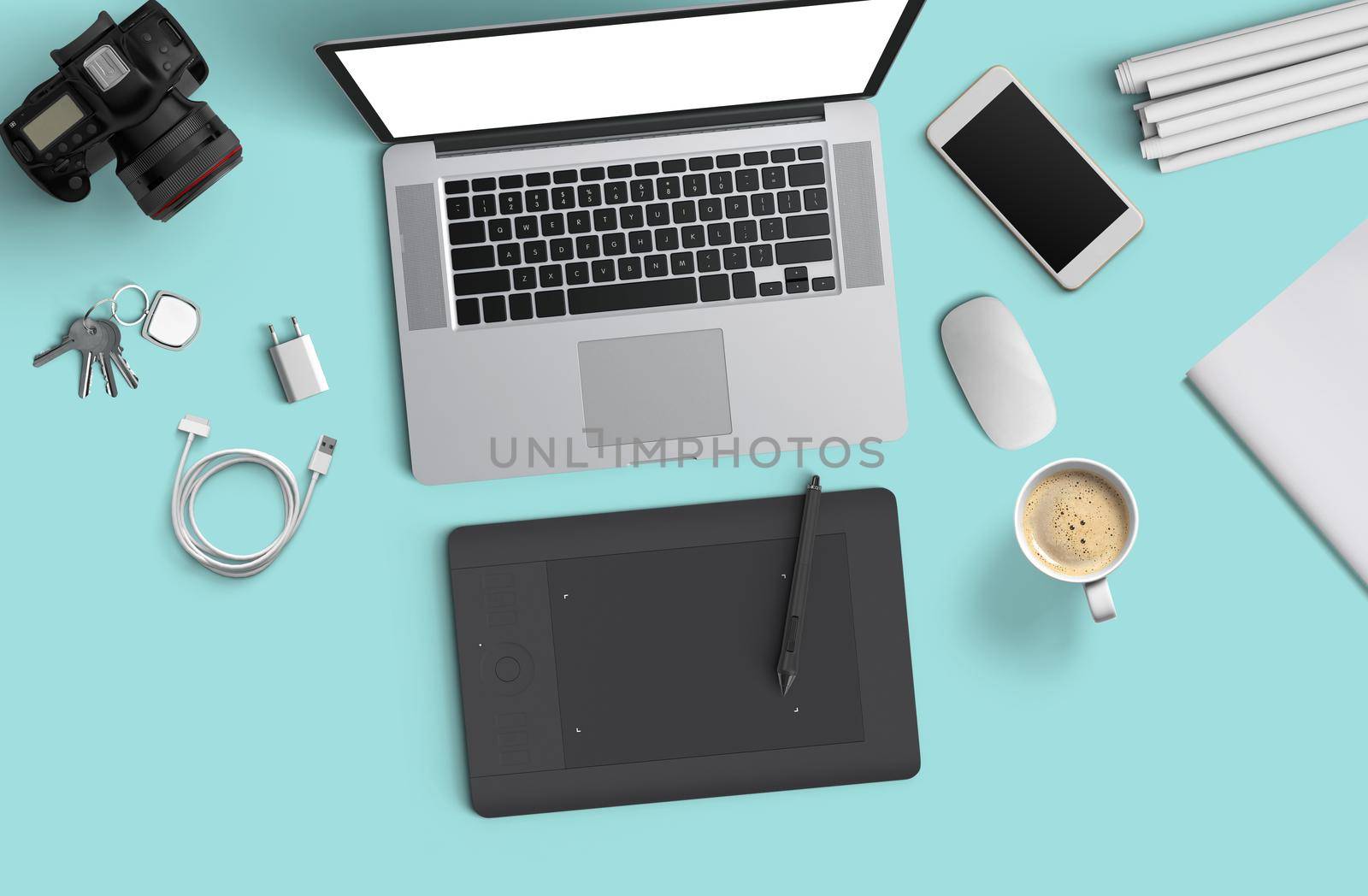 Minimal work space : Laptop, camera, coffee, camera, pen, pencil, notebook, smartphone, stationery on blue background for copy space. by nazarovsergey