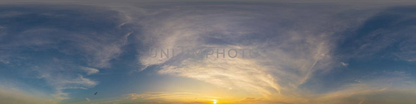 Sky panorama with Cirrus clouds in Seamless spherical equirectangular format. Full zenith for use in 3D graphics, game and editing aerial drone 360 degree panoramas for sky replacement