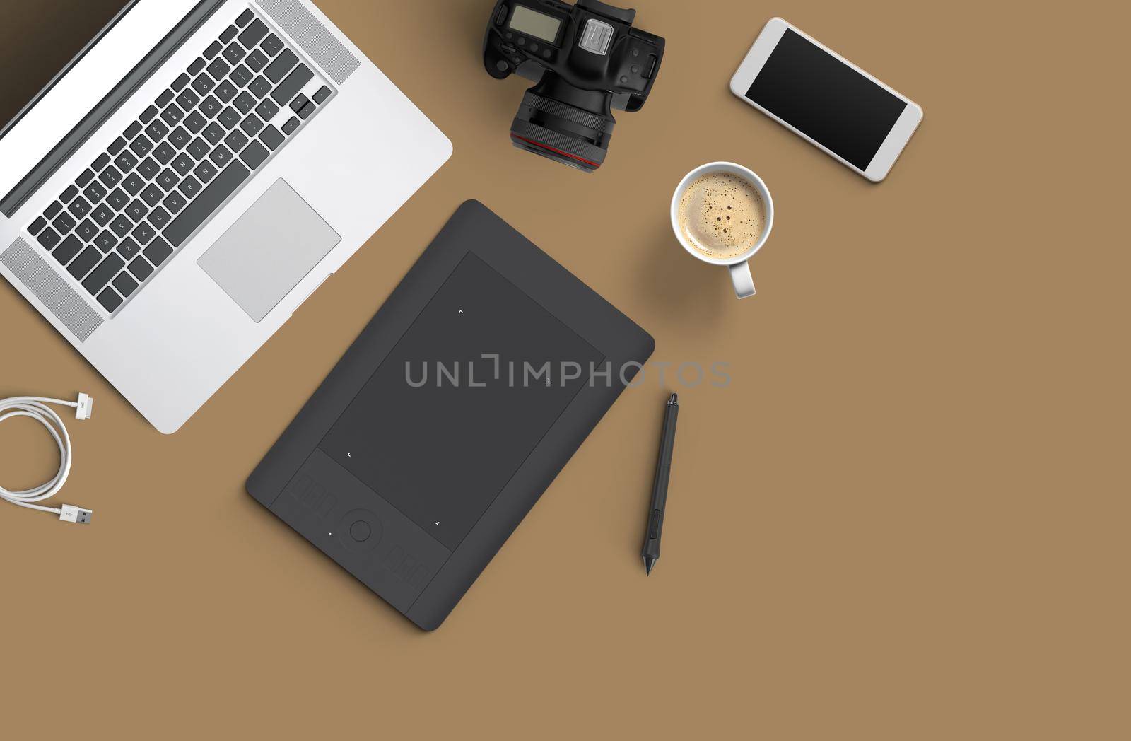 Minimal work space : Laptop, camera, coffee, camera, pen, pencil, notebook, smartphone stationery on brown background for copy space Flat lay top view