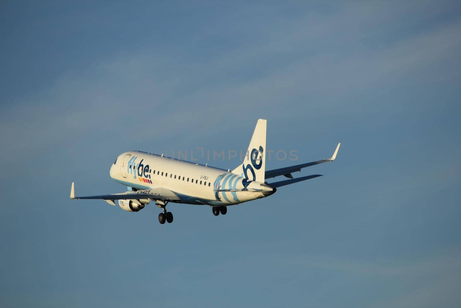 Amsterdam, the Netherlands  - June 1st, 2017: G-FBJI Flybe Embraer ERJ-175 taking off from Polderbaan Runway Amsterdam Airport Schiphol