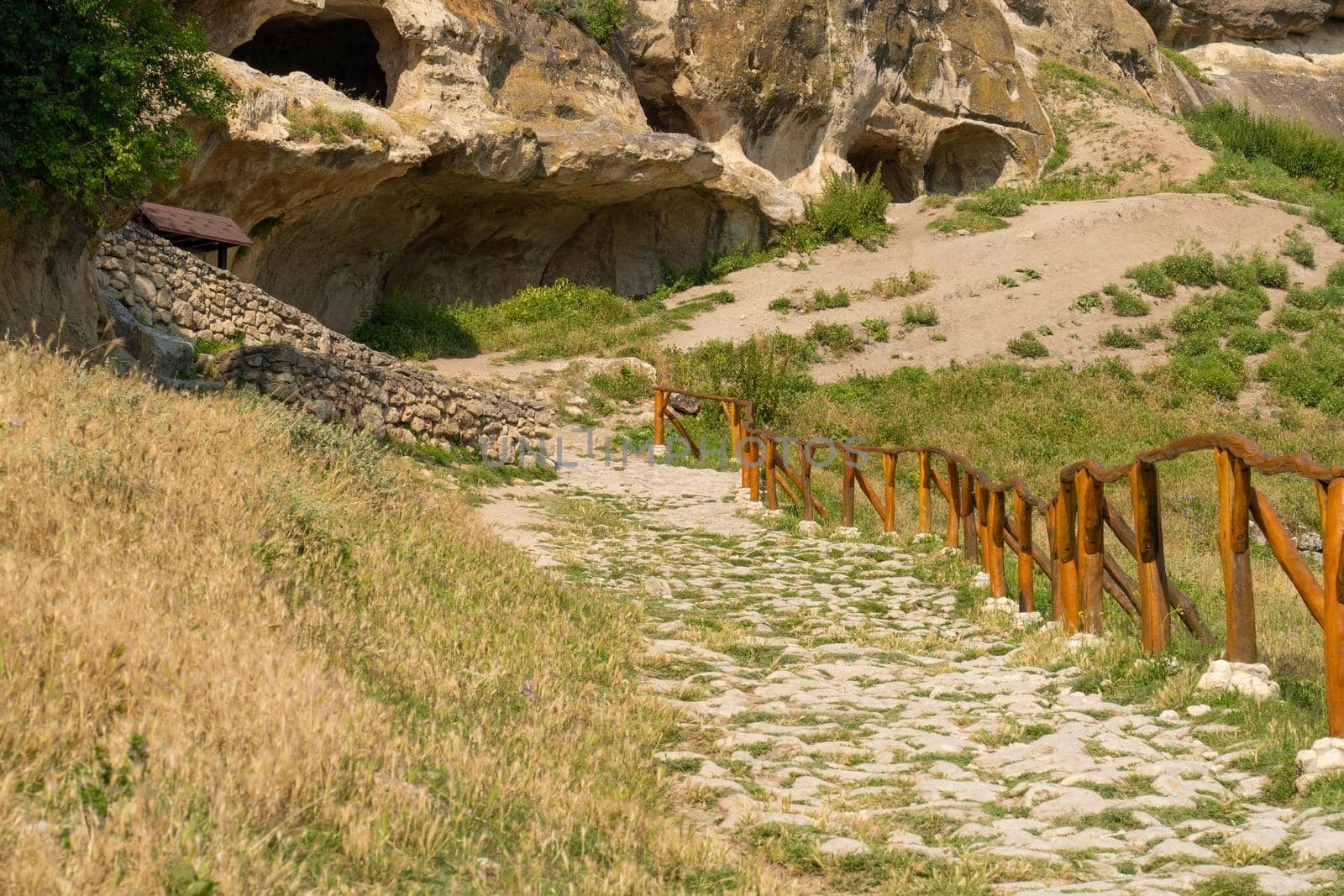 Ancient city bakhchisaray road cave chufut crimea medieval kale stone, concept landscape sky for historic and russia chufut, autumn karaite. Town outdoors crimean,