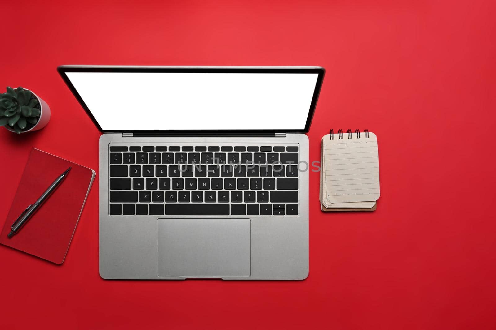 Above view computer laptop with white screen, notepad and cactus on red background.