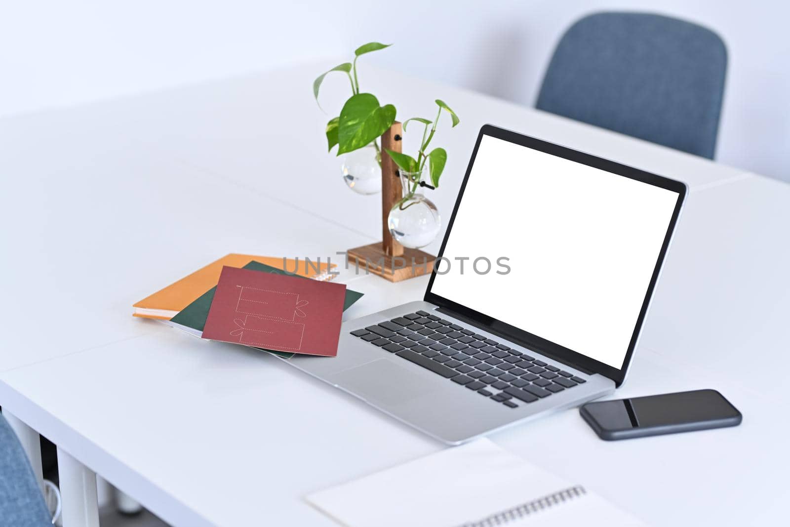 Computer laptop with empty display, smart phone, books and houseplant on white table.