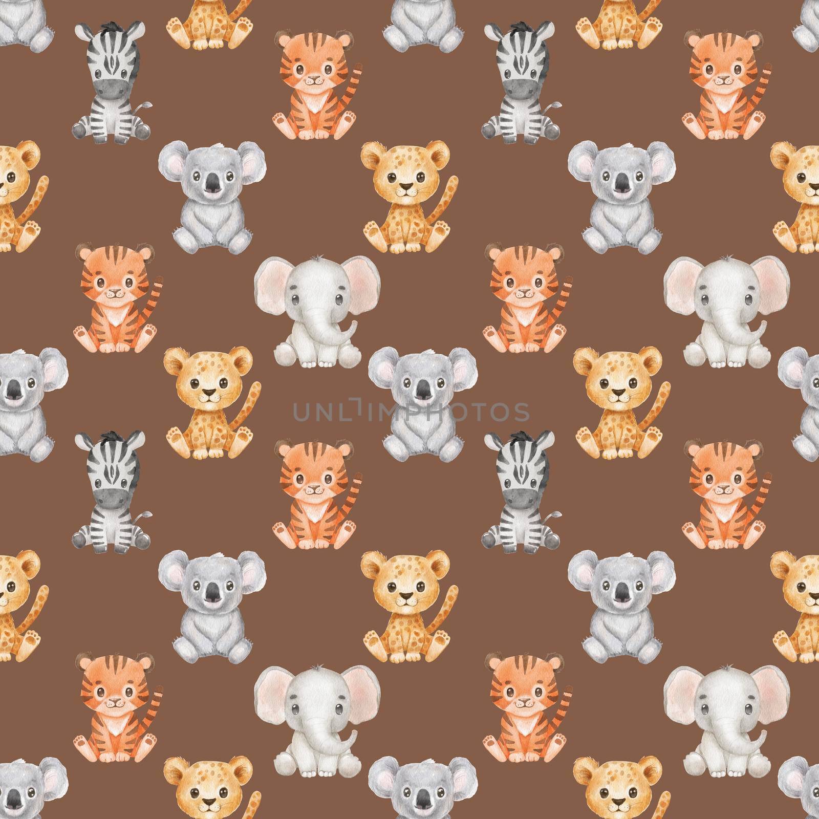 Seamless pattern with cute animals in cartoon style. Drawing african baby koala, elephant and tiger by ElenaPlatova
