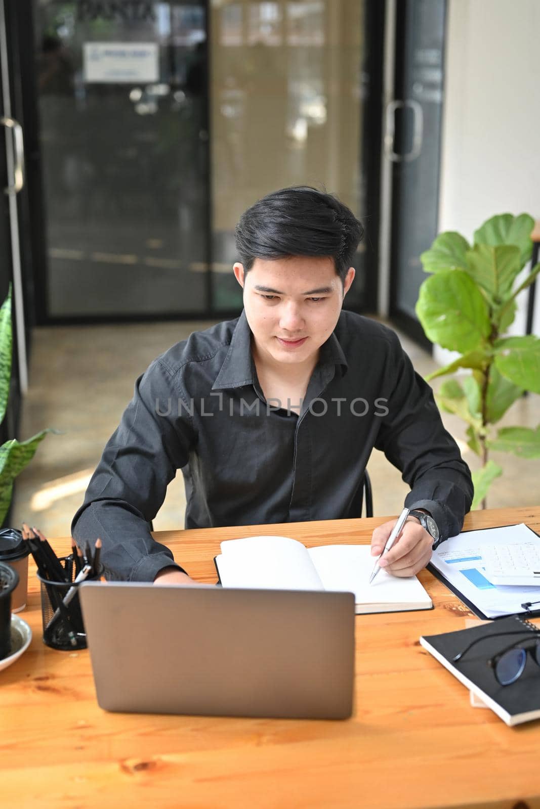 Portrait of handsome businessman working with laptop computer.