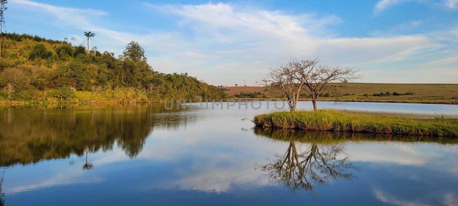 lake with a natural landscape of a farm in the countryside of Brazil with trees and lawn around it