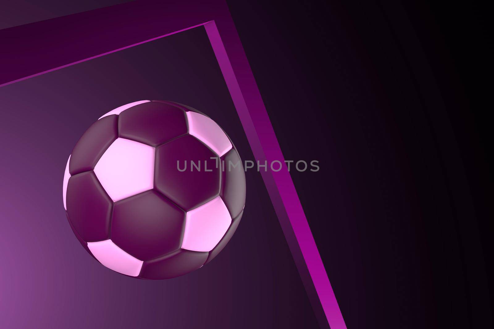 3D soccer ball crosses the gate on a dark background in purple colors