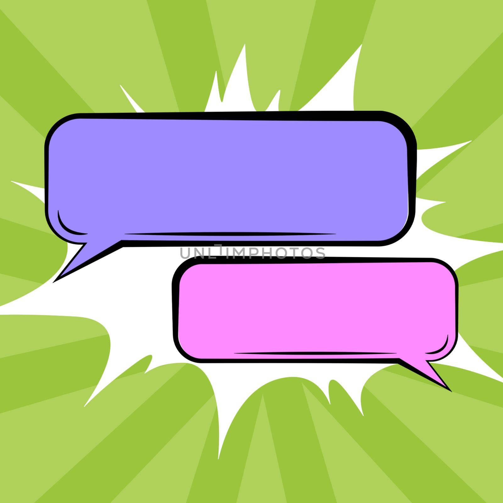 Pair Of Blank Color Speech Bubbles Of Rectangular Shape With Copy Space Over Color Background. Empty Chat Boxes S Representing Social Media Communication And Connection. by nialowwa