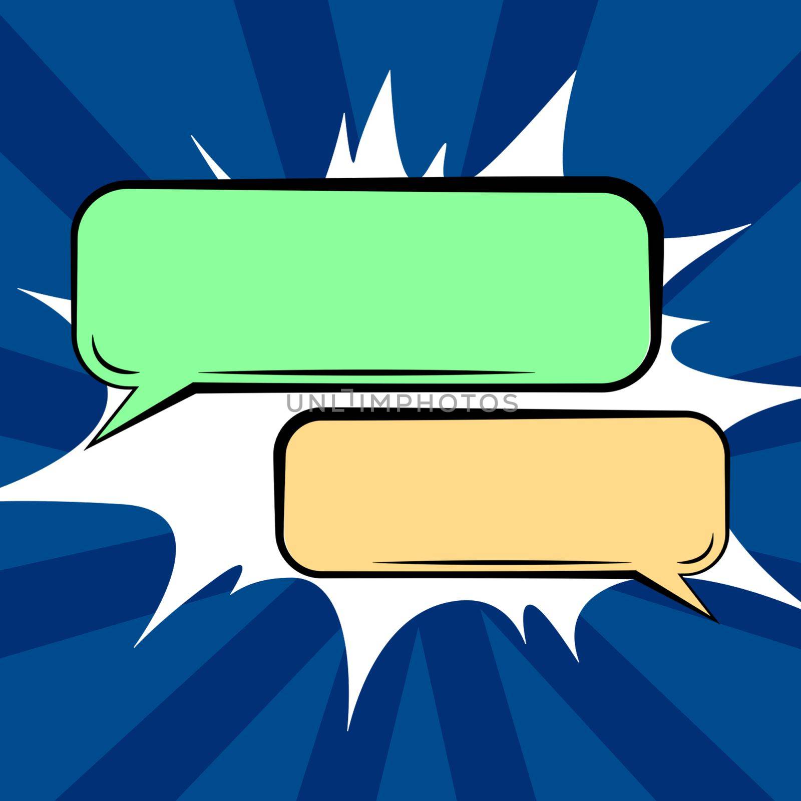 Pair Of Blank Color Speech Bubbles Of Rectangular Shape With Copy Space Over Color Background. Empty Chat Boxes S Representing Social Media Communication And Connection. by nialowwa