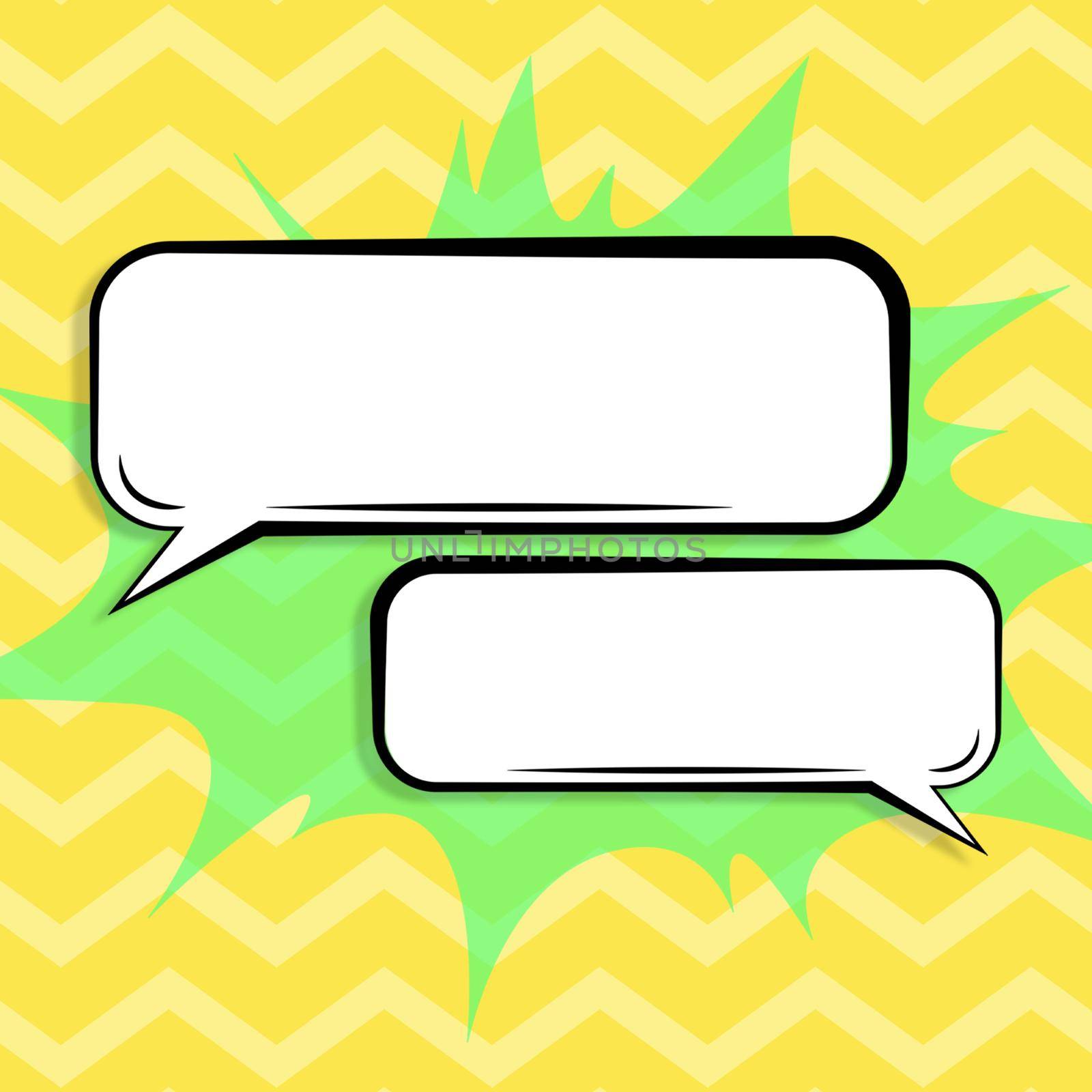 Blank Speech Bubbles Of Rectangular Shape And Explosive Frame Over Zigzag Color Background. Empty Chat Box S Representing Social Media Communication And Connection. by nialowwa