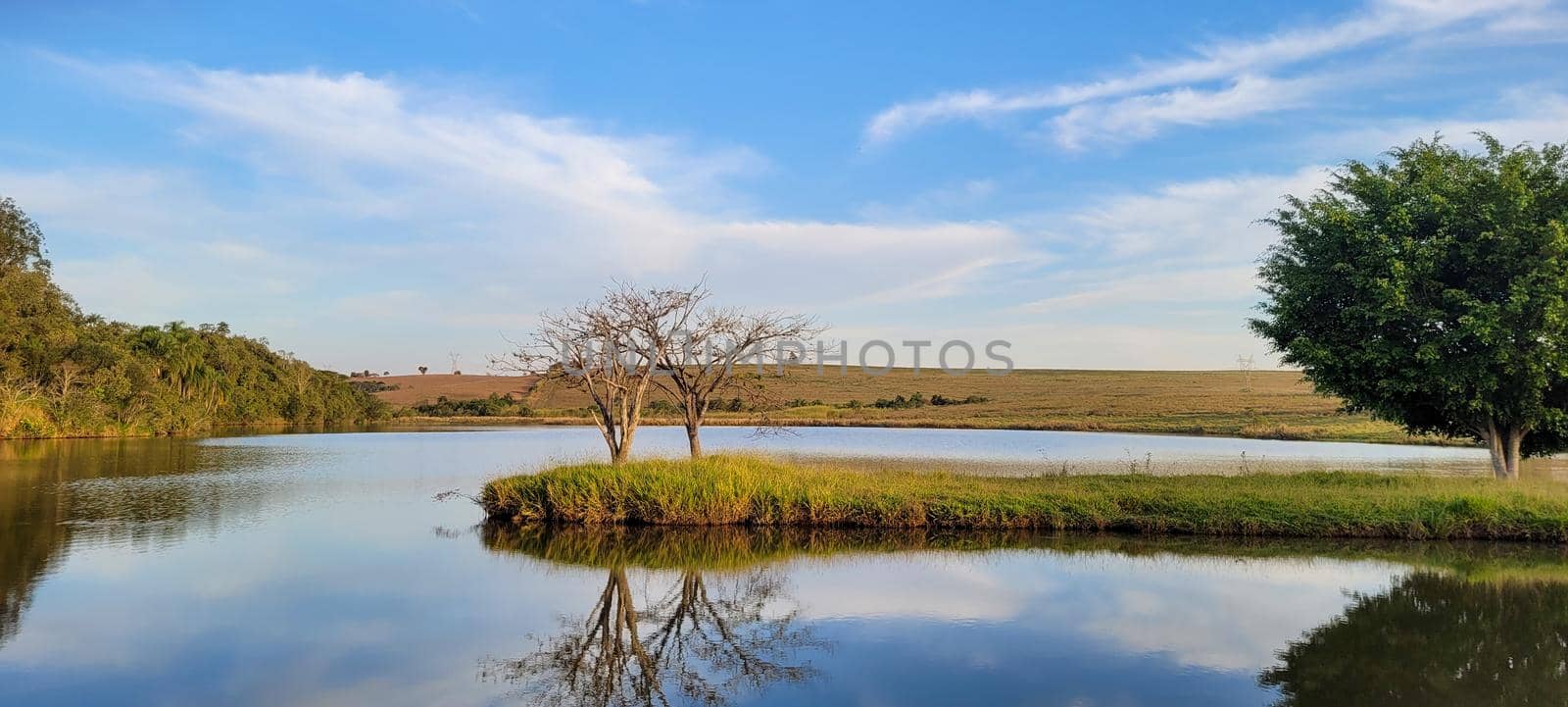 lake with a natural landscape of a farm in the countryside of Brazil with trees and lawn around it