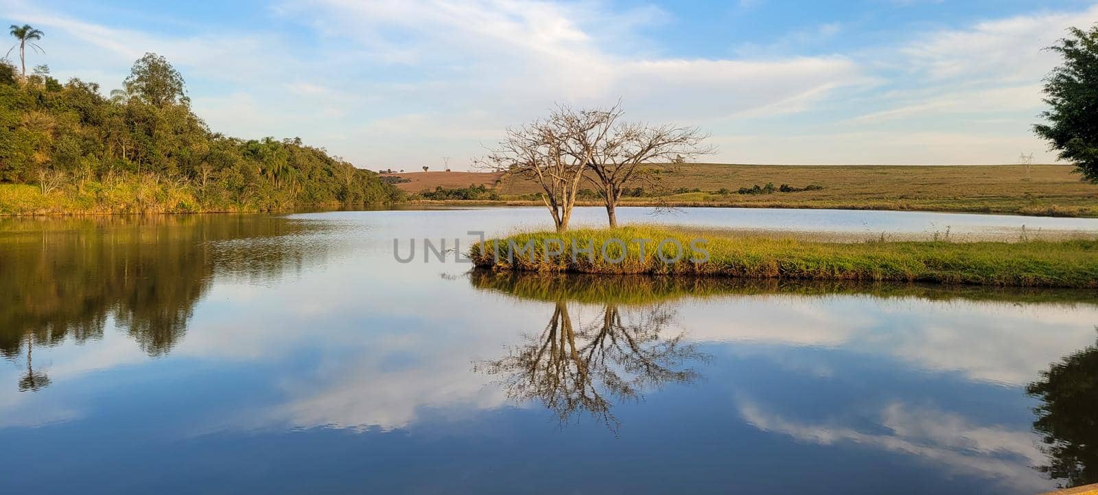 lake with a natural landscape of a farm in the countryside of Brazil with trees and lawn around it