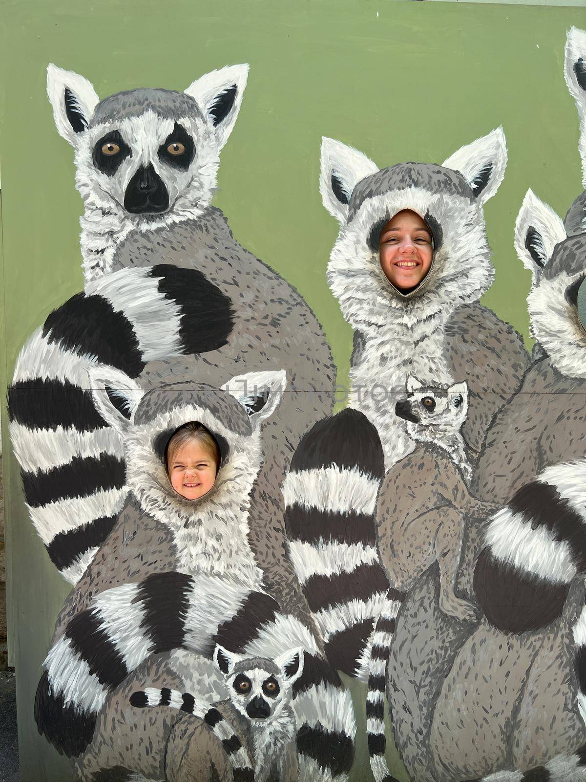 Mom and daughter put their faces into a tantamaresque with painted lemurs. High quality photo