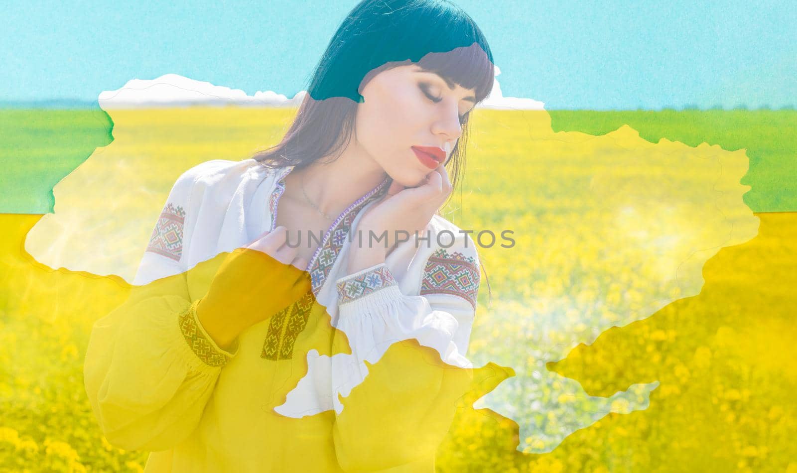 The border of sovereign country Ukraine with portrait inside against the background of flag. Ukrainian national clothes. support Ukraine. Woman wearing Ukrainian national clothes, embroidered shirt.