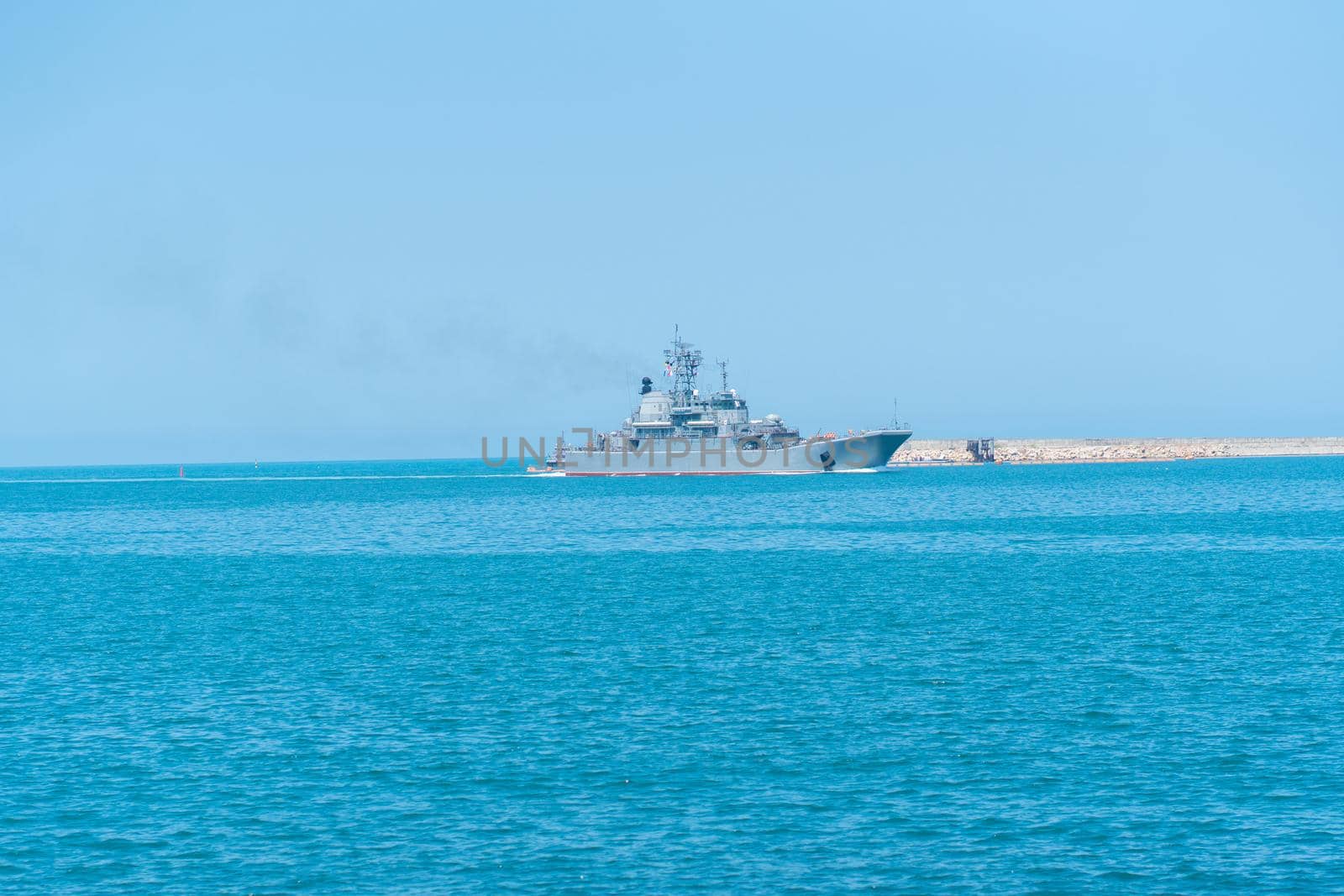 RUSSIA, CRIMEA - JUL 08, 2022: Russian group russia military navy sevastopol day sky parade rehearsal, from boat vessel in fleet for harbor coast, ukraine nautical. Technology gray missile, by 89167702191