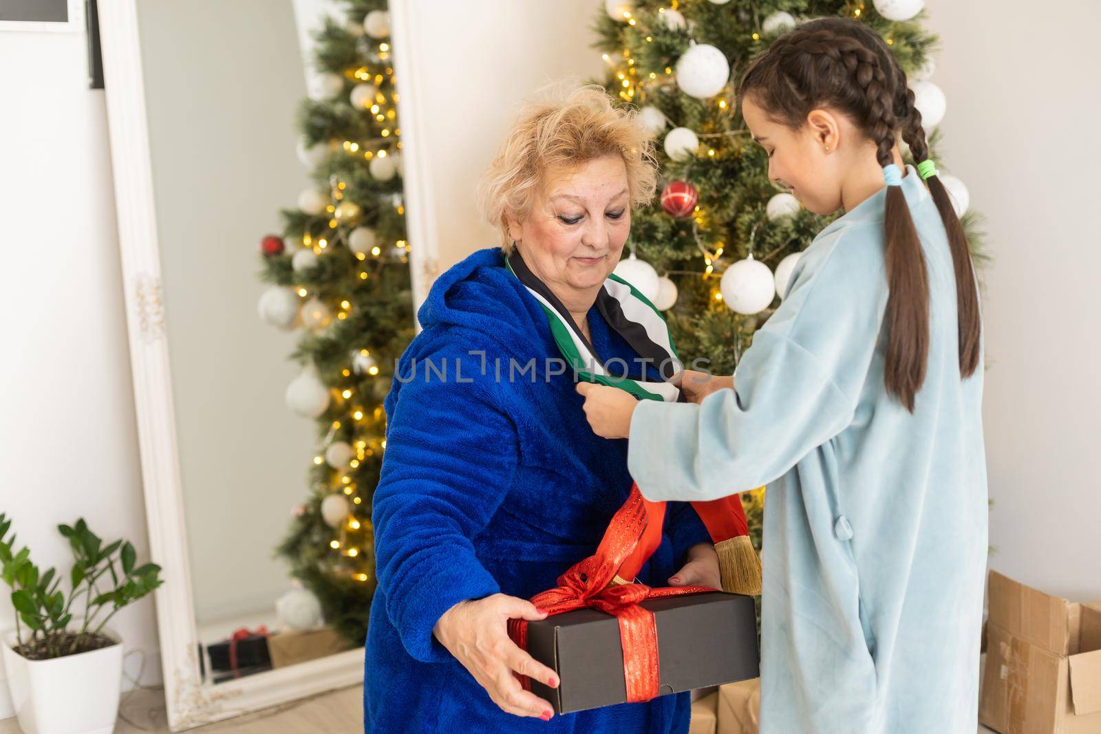 grandmother and granddaughter christmas with flag of united arab emirates at christmas.