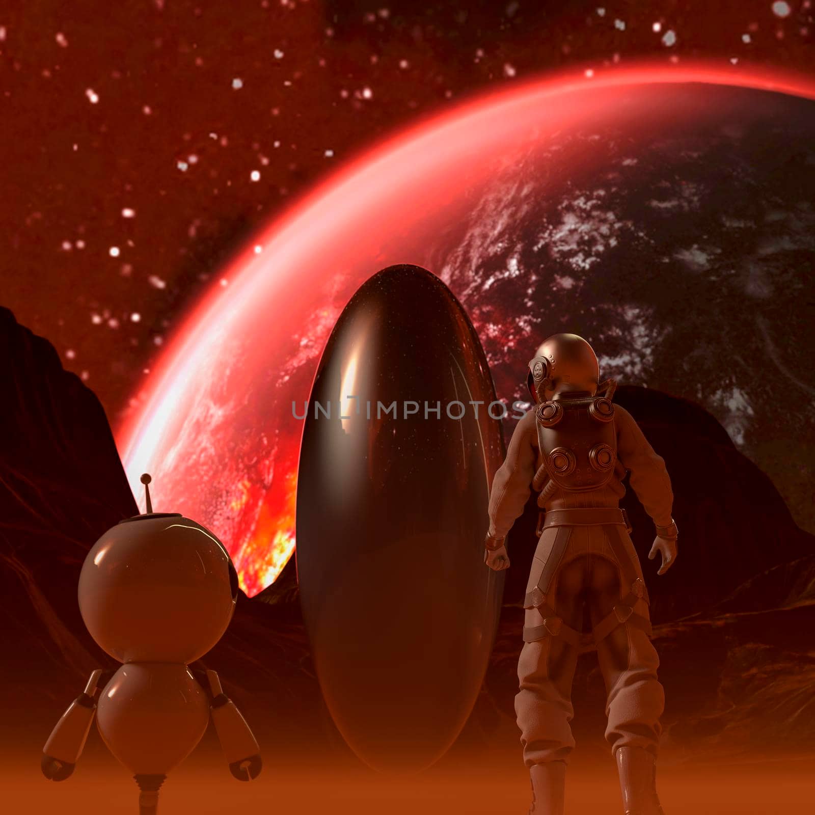 Astronaut and small robot facing a strange egg-shaped object on a desert alien planet at night by ankarb