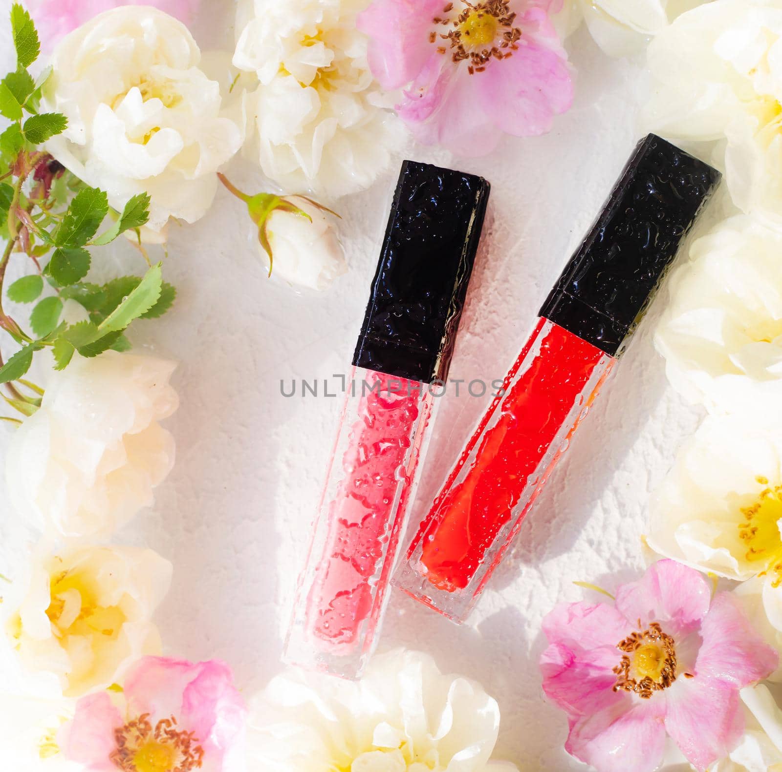 Lip gloss and rose. Lipstick. Beautiful lips. Decorative cosmetics . Well-groomed face. Makeup. Cosmetics without labels. by alenka2194