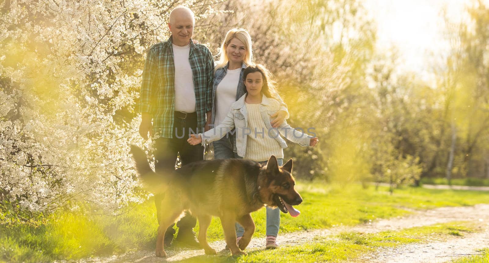 grandfather with granddaughter and daughter in spring, senior man in the yard.