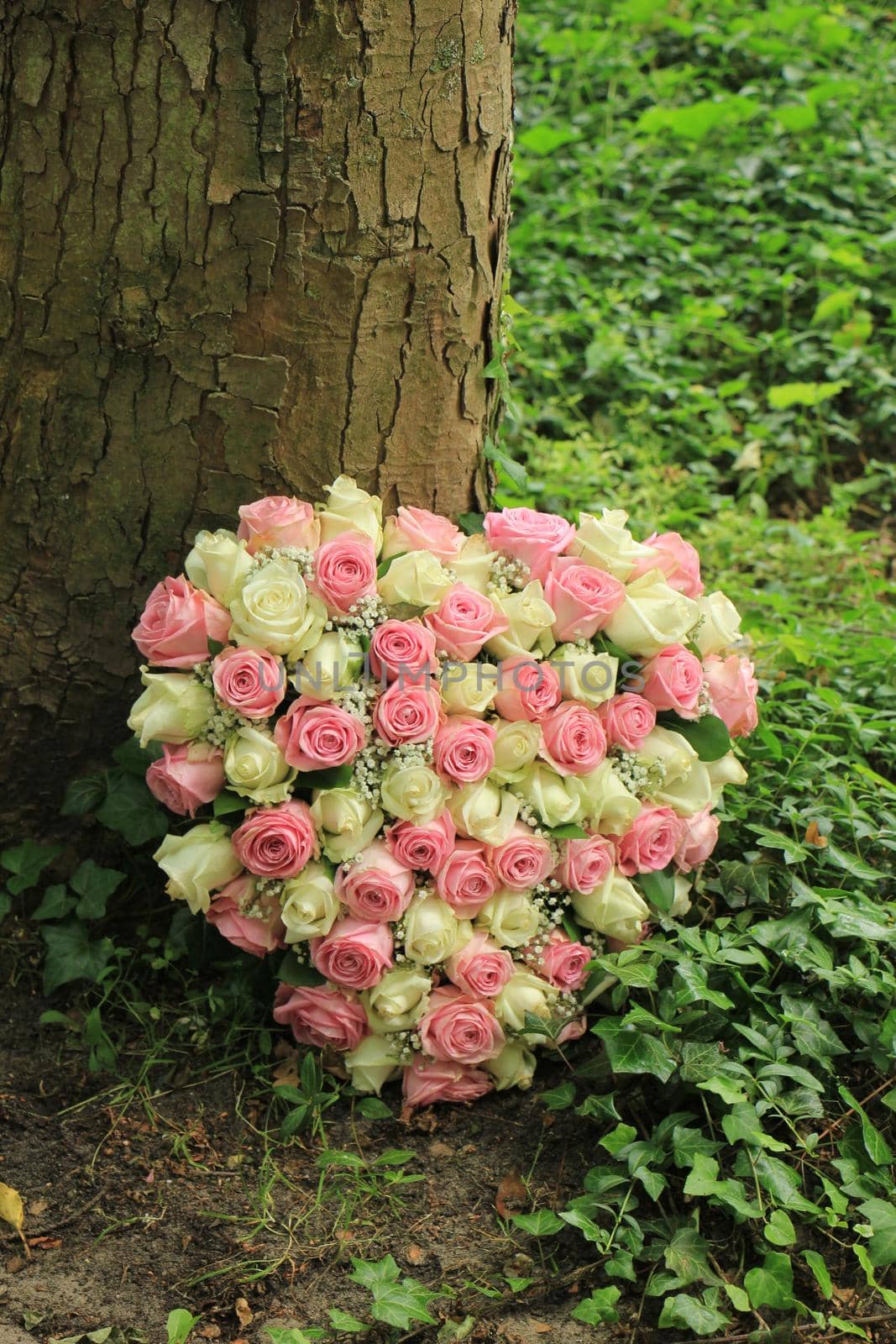 Heart shaped sympathy flowers near a tree at a cemetery