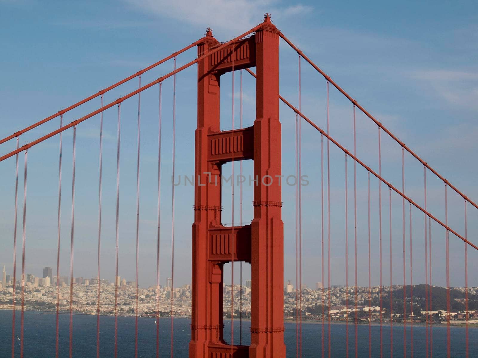 Top of Red Art Deco Tower and supporting cables on the Golden Gate Bridge by EricGBVD