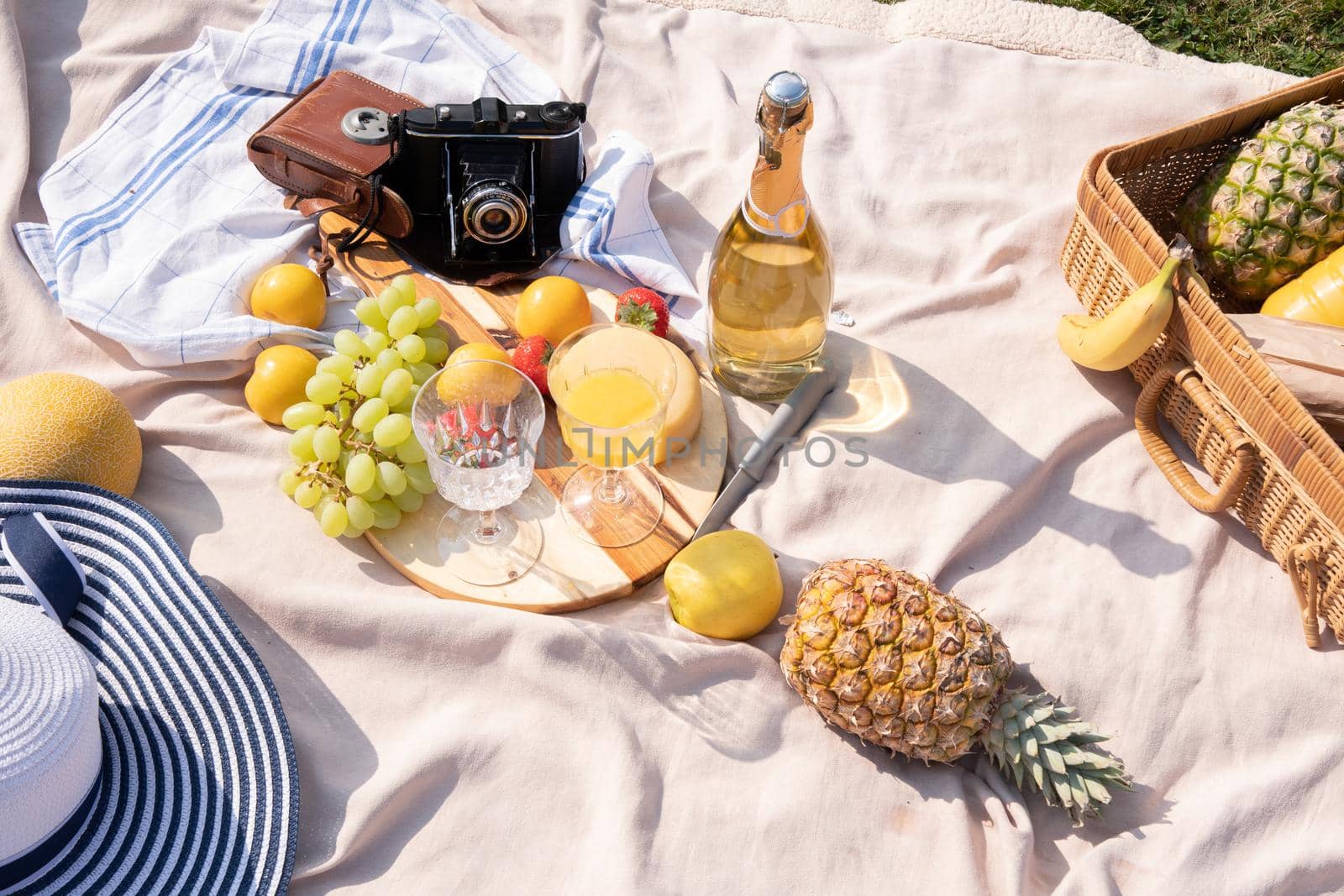 picnic blanket on a green lawn and a basket of fruit, cheese on a plate, High Quality Photo