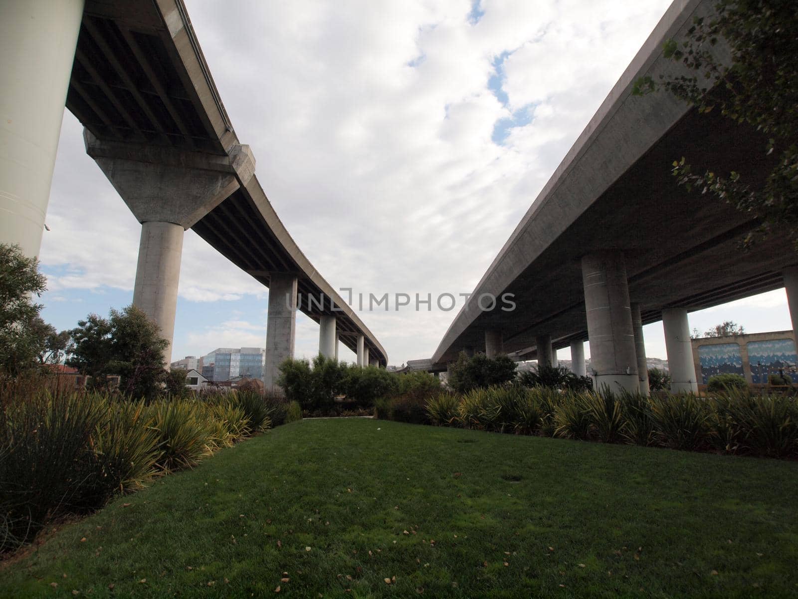 Beautiful Mission Creek Park under highway bridges in San Francisco, California.