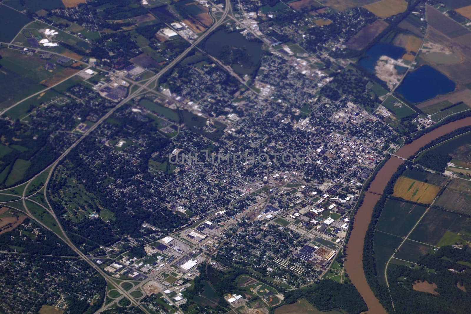 Aerial of City with Highway and Missouri River in the USA.