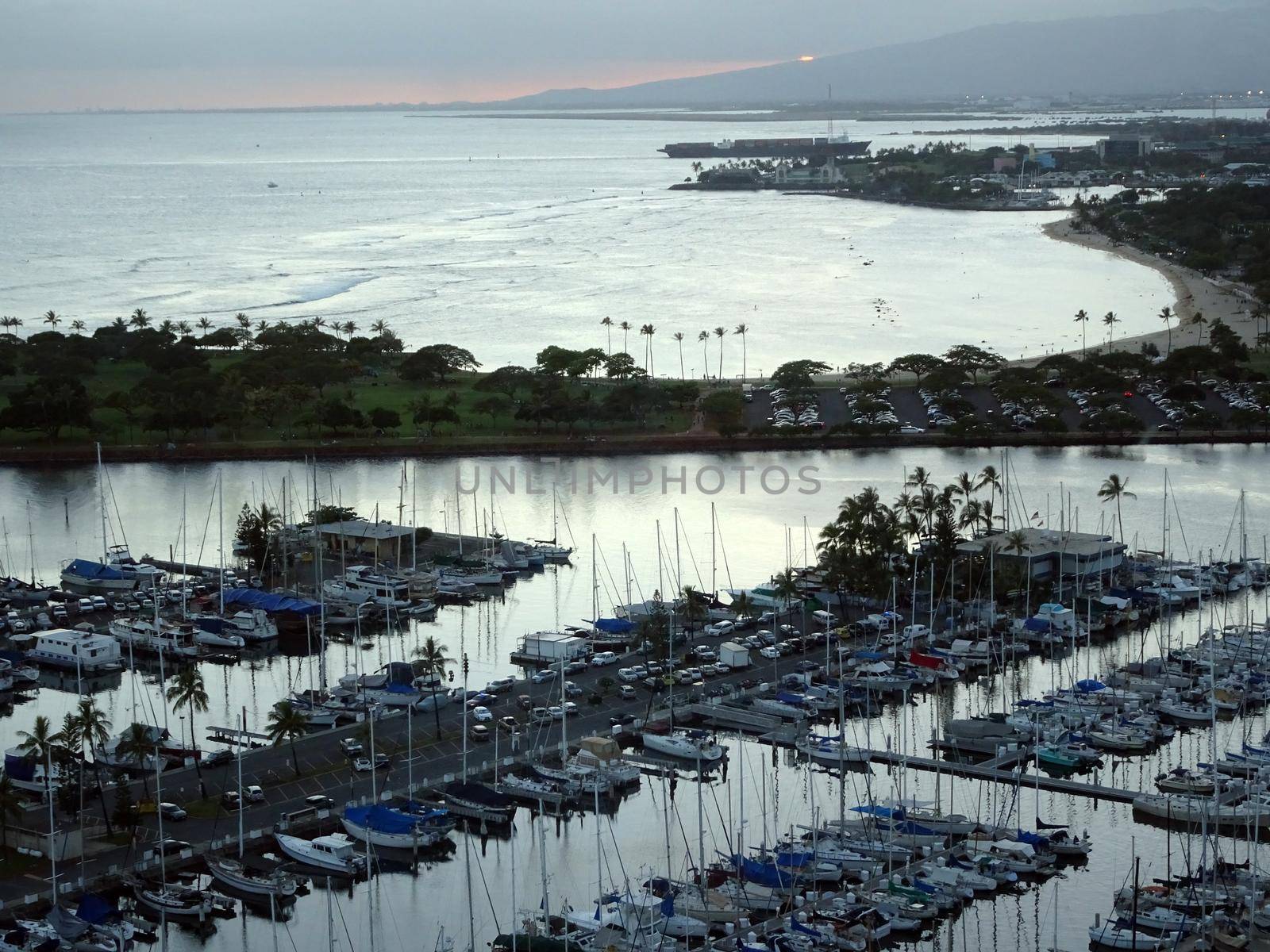 Aerial of Ala Wai Harbor and Ala Moana Beach Park at Sunset by EricGBVD