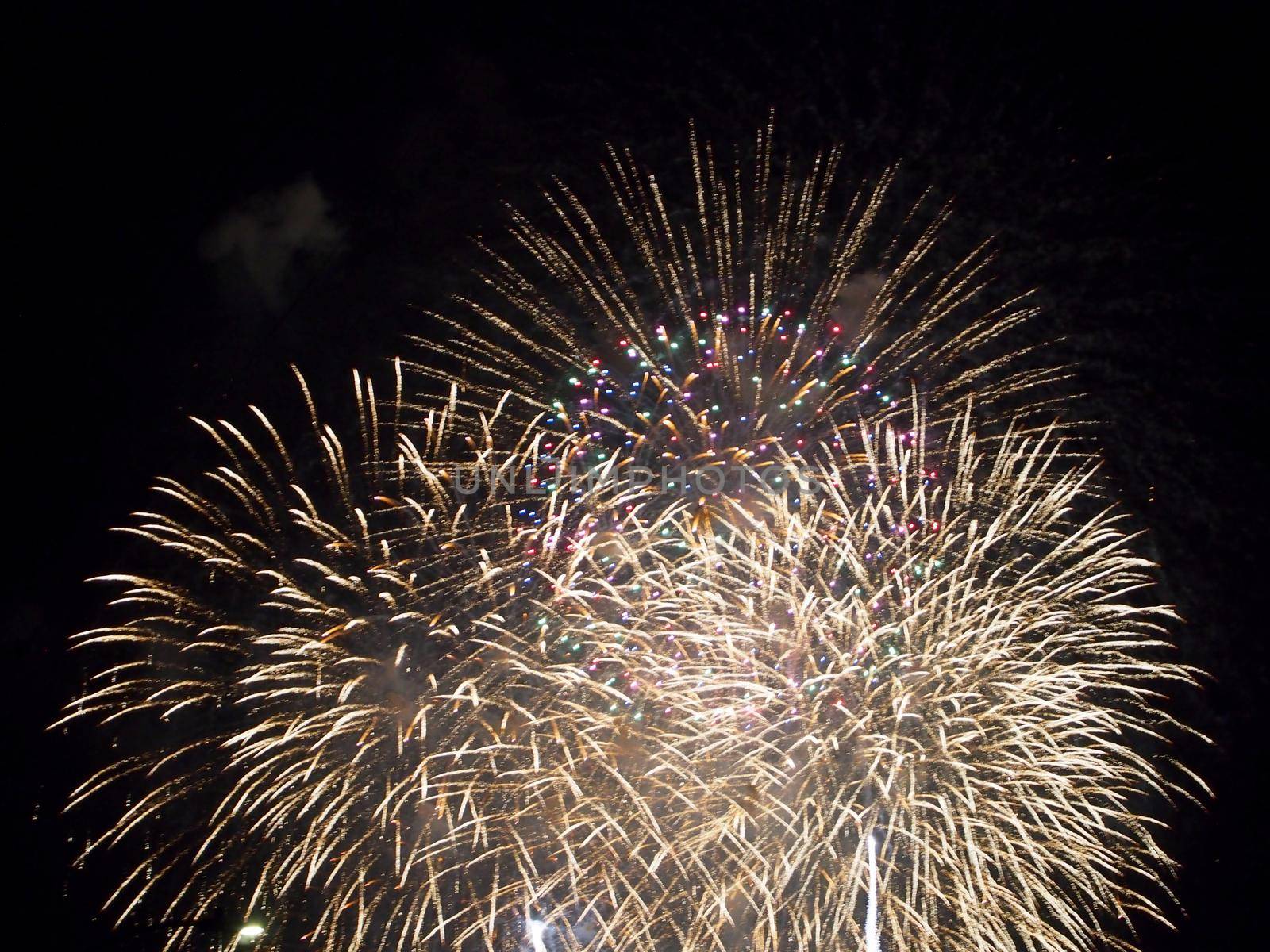 Honolulu - June 4, 2019: Friday night Fireworks with colors burst in the air above Waikiki, Hawaii.