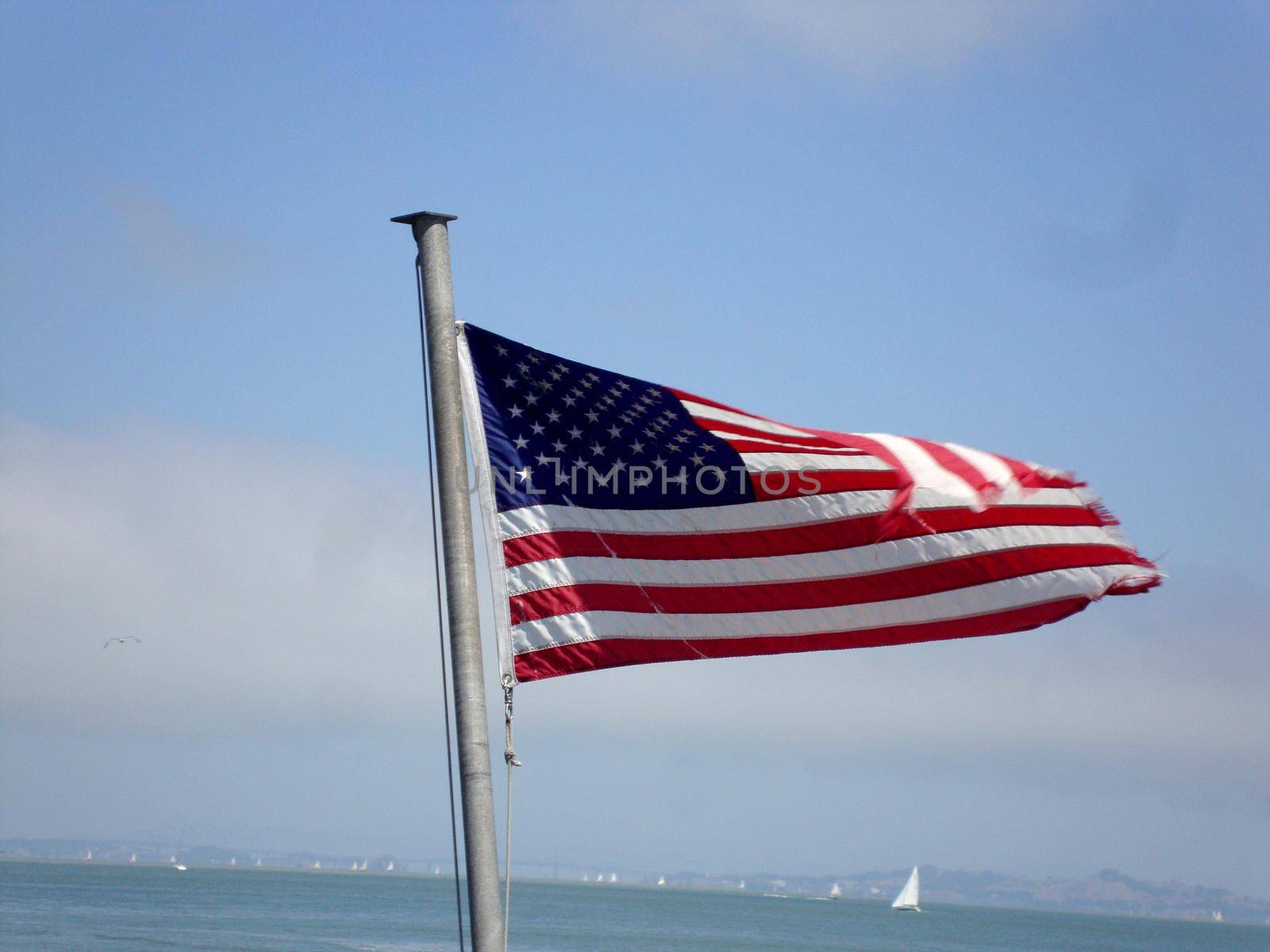 tattered USA flag waves in the wind on the back of a ferry with San Francisco Bay in the background. 