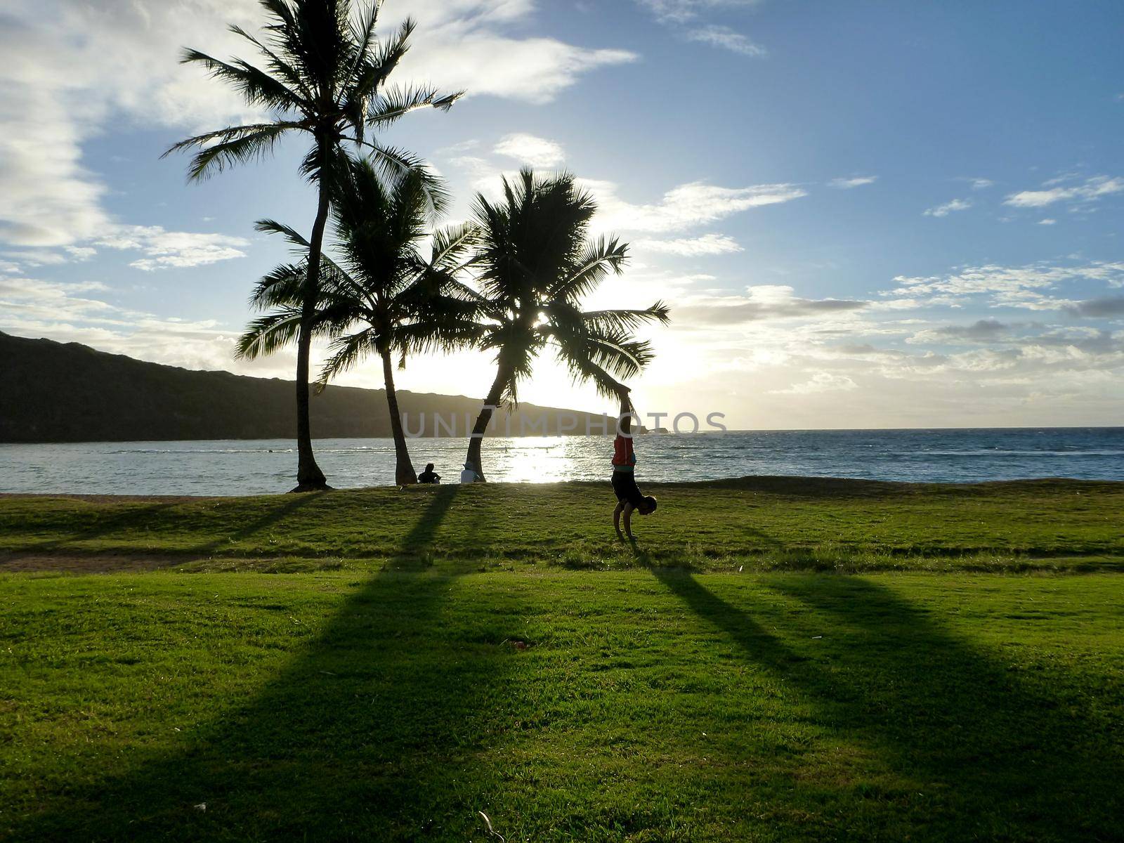 Man Handstands in grass field on Hanauma Bay beach at sunrise on Oahu, Hawaii.                    