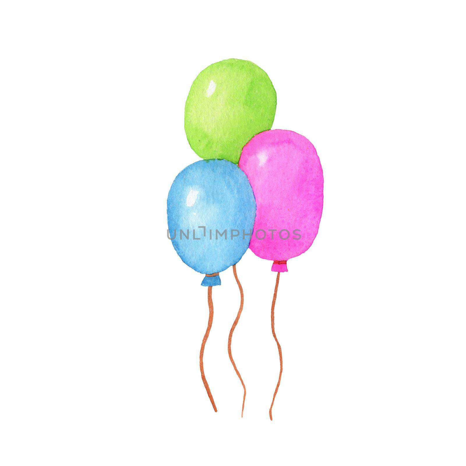 Colorful bunch of balloons. Watercolor hand drawn illustration isolated on white background by ElenaPlatova