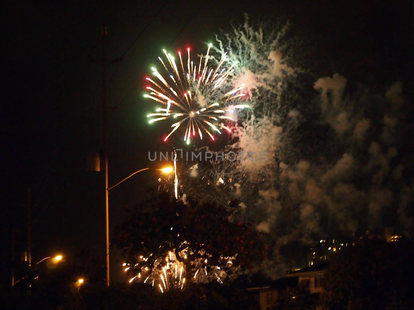 Honolulu - April 29, 2013: Waikiki Fireworks show burst in the air in Kapahulu, Hawaii.