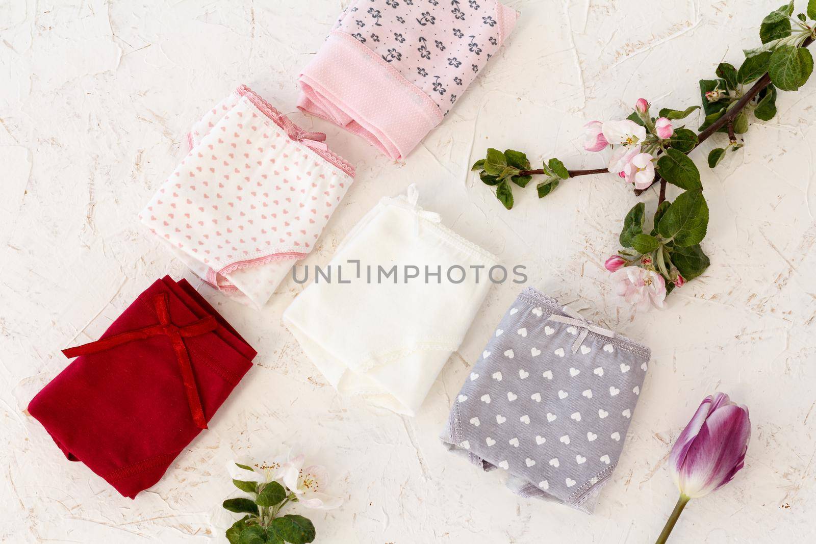 Folded cotton panties with a tulip and flowers of an apple tree on the white background. Woman underwear set. Top view.